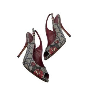 Gucci Navy Supreme GG Red Rose Tattoo Peep Toe Slingback Pumps Size 7